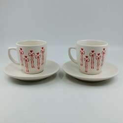 PEMBE KIRMIZI KURDELELER-İKİLİ TÜRK KAHVESİ FİNCANI - TRANSPARAN - 