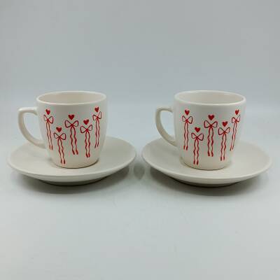 PEMBE KIRMIZI KURDELELER-İKİLİ TÜRK KAHVESİ FİNCANI - TRANSPARAN - 1