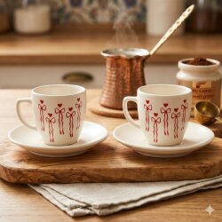 PEMBE KIRMIZI KURDELELER-İKİLİ TÜRK KAHVESİ FİNCANI - TRANSPARAN - 