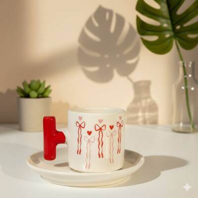 PEMBE KIRMIZI KURDELELER-T TÜRK KAHVESİ FİNCANI - KIRMIZI SAP - 1