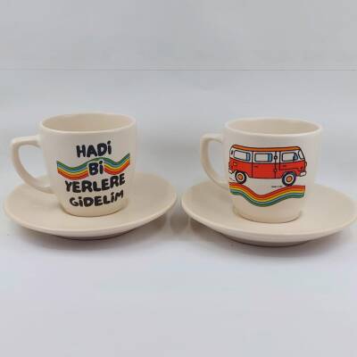 RENKLİ T1 & RENKLİ HADİ Bİ YERLERE GİDELİM-İKİLİ TÜRK KAHVESİ FİNCANI - TRANSPARAN - 1