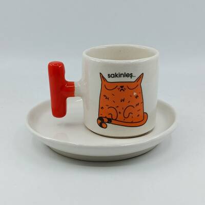 SAKİNLEŞ KEDİ-T TÜRK KAHVESİ FİNCANI - TURUNCU SAP - 1