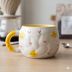 SARI ÇİÇEKLER VE PEMBE KALPLER -3D-TONTİK KUPA - 3D - 