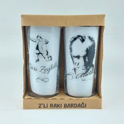 SARI ZEYBEK & ATATÜRK PORTRE-İKİLİ RAKI BARDAĞI - ŞEFFAF - 
