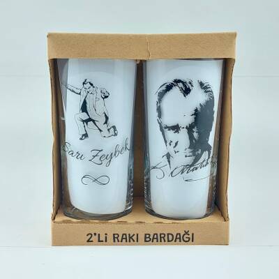 SARI ZEYBEK & ATATÜRK PORTRE-İKİLİ RAKI BARDAĞI - ŞEFFAF - 1