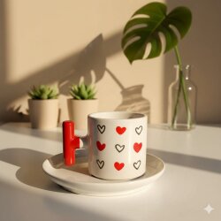 SİYAH KALP KIRMIZI KALP -T TÜRK KAHVESİ FİNCANI - KIRMIZI SAP - 