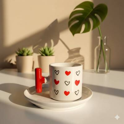 SİYAH KALP KIRMIZI KALP -T TÜRK KAHVESİ FİNCANI - KIRMIZI SAP - 1