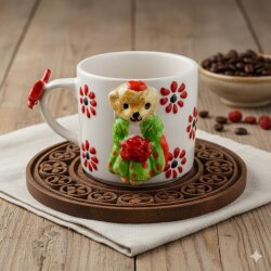 YEŞİL ELBİSELİ ÇİÇEKLİ AYICIK - 3D-3D KABARTMA KUPA - 3D AYICIK KIRMIZI KURDELELİ SAP - 