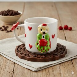 YEŞİL ELBİSELİ KIRMIZI KALPLİ AYICIK - 3D-3D KABARTMA KUPA - 3D AYICIK KIRMIZI KURDELELİ SAP - 