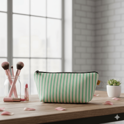 YEŞİL KREM ÇİZGİLİ-MAKYAJ ÇANTASI - TEKLİ - 