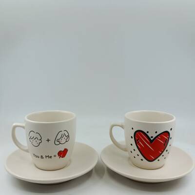 YOU & ME - BENEKLİ KALP-İKİLİ TÜRK KAHVESİ FİNCANI - TRANSPARAN - 1